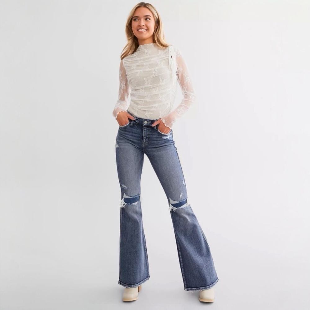 Flying Monkey 23 Women's Flare Jeans Mid Rise Distressed Patched Stretch BY4502R